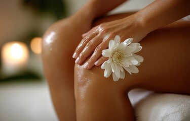 A person enjoys a soothing spa experience, applying oil to the leg while a white flower rests gently on the knee in a calm, softly lit environment with candles