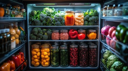 A well-organized refrigerator showcases a variety of fresh vegetables and preserved foods, promoting healthy eating and meal prep options for the week ahead