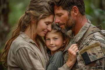 Fototapeta premium Father's emotional reunion with wife and daughter at home after deployment.