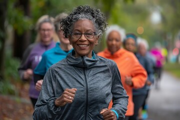 group of diverse senior citizens participating in a fitness class outdoors in a park.