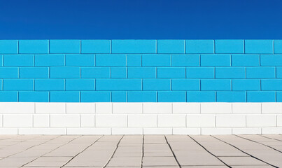 Fototapeta premium Vibrant Blue and White Wall Inspiring Calmness with Clear Blue Sky Above and Minimalist Floor Design in Bright Daylight