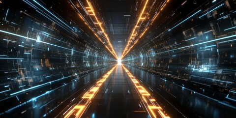 Symmetrical High-Tech Corridor With Glowing Orange and Blue Pathways, Futuristic Electronic Network