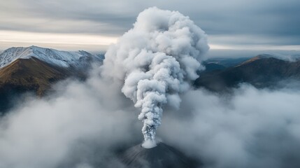 Obraz premium Majestic Eruption of Volcano with Dramatic Smoke and Clouds Surrounding
