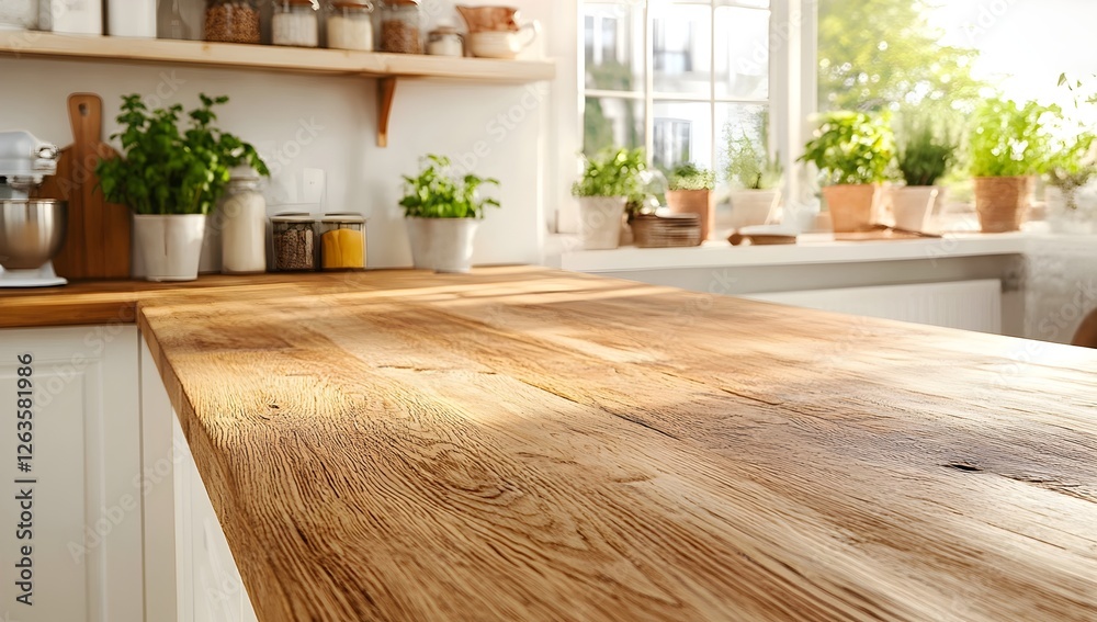 Sticker Rustic Wooden Countertop in Elegant Kitchen with White Cabinets and Sunlight