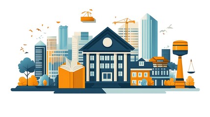 Cityscape with library, courthouse, and construction crane.