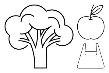 Simple line art features a tree, an apple, and a reusable bag. Ideal for themes on nature, health, sustainability, environmental conservation, organic lifestyle, eco-friendliness minimalism