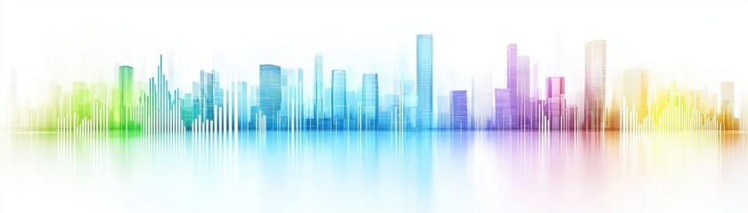 Obraz premium Abstract city skyline illustration with colorful gradient reflections on a modern urban landscape in vibrant hues