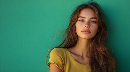 Fototapeta premium A confident young woman with long, flowing hair stands against a bright green background. Her expression radiates self-assurance and elegance, capturing attention effortlessly as she poses.