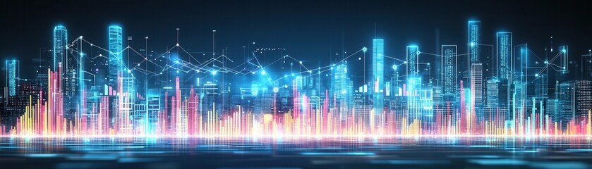 Futuristic City Skyline with Vibrant Lights and Abstract Data Representation in Blue and Pink Tones for Digital Technology Concepts