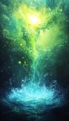 Obraz premium Aqua and Chartreuse Fusion Abstract Flowing Stream, Subtle Particles, Seamless Blend