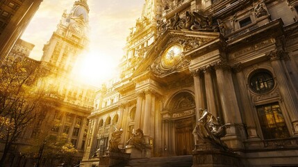 Naklejka premium Golden hour sun on Philadelphia City Hall; urban backdrop