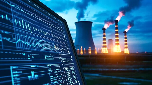 A nuclear power plant control system, displaying complex radiation monitoring charts and energy output data, as cooling towers are visible in the distance.