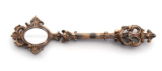 Hand mirror featuring a detailed, ornate handle, isolated against a white backdrop, showcasing hyperrealistic details.