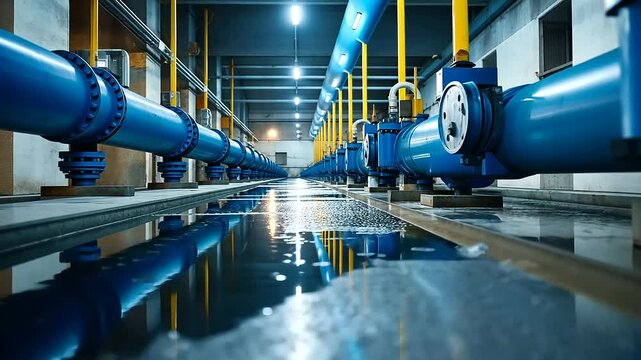 A large-scale industrial water purification plant, featuring rows of blue pipes with pressure-regulating valves