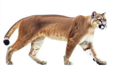 Obraz premium Male Cougar Striding Alone Against a Pristine White Backdrop