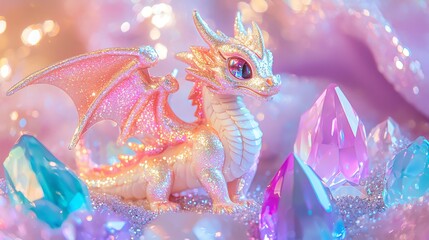 Magical pastel dragon with crystal-themed accessories, glittery sticker collection with gemstone...