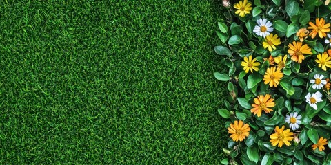 Multicolored flower bed featuring red, blue, and yellow blooms. Copy space