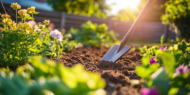 Shovel in soil in a garden. Preparing the soil for gardening by digging holes and using compost. Creating flowerbeds for landscaping, transplanting flowers from a pot into the ground.