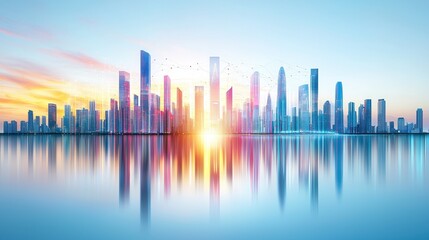 Fototapeta premium Stunning Urban Skyline Reflection at Dusk with Vibrant Colors and Modern Architecture Under a Clear Sky