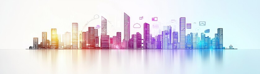 Obraz premium Futuristic City Skyline with Colorful Digital Elements and Technology Icons Representing Urban Innovation and Connectivity