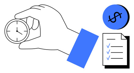 Hand holding a clock, indicating the importance of time. Checklist with blue checkmarks signifies task completion. Dollar sign in blue circle represents financial concepts. Ideal for productivity