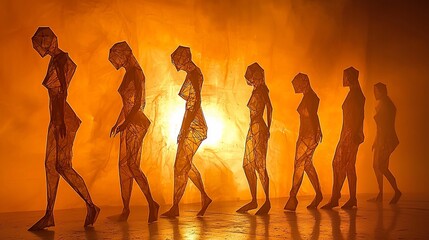 Human evolution, fiery backdrop, progression, walking figures, concept art