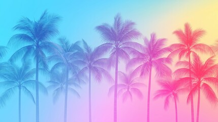Naklejka premium Coconut palm silhouettes gently swaying against gradient sky, embodying tropical summer tranquility and vibrant evening coastal landscape