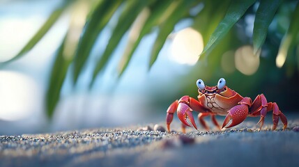   A photo of a crab zoomed in on the beach next to a palm tree with water visible in the background