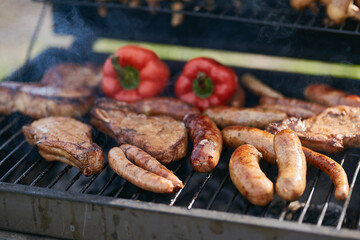 BBQ Sausages Roasted Peppers Grill Weekend Summer Vacation