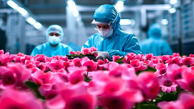 A wide-angle view of an electronics cleanroom, where workers in protective suits oversee robotic assembly, ensuring quality control in semiconductor fabrication.