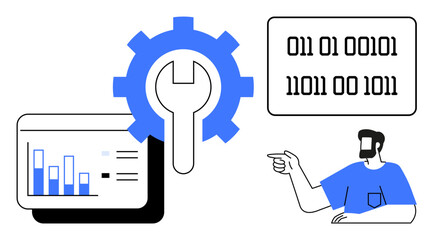 Computer screen with graphs, large gear with wrench, man pointing at binary code. Ideal for data analysis, technology solutions, IT support, code debugging, technical support, programming software