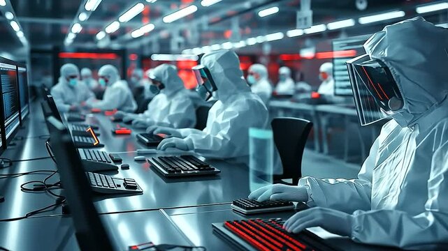 A wide-angle view of an electronics cleanroom, where workers in protective suits oversee robotic assembly, ensuring quality control in semiconductor fabrication.