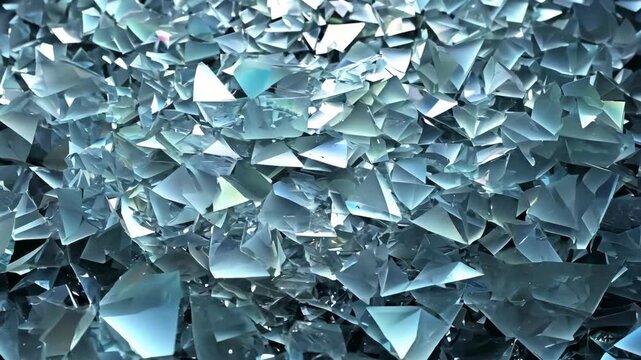 Rotating flat lay shot of shattered glass shards reflecting light, creating an intricate pattern of sharp, translucent fragments filling the entire frame.