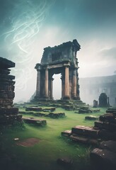 Ruined Stone Archway and Surrounding Ruins in Grassy Field