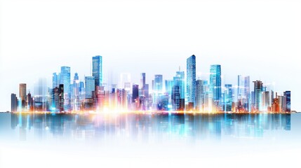 Fototapeta premium Abstract futuristic city skyline with vibrant colors and reflections on water for modern design concepts and creative projects