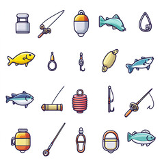 Fishing Equipment and Fish Icons – Vector Set for Anglers and Outdoor Enthusiasts