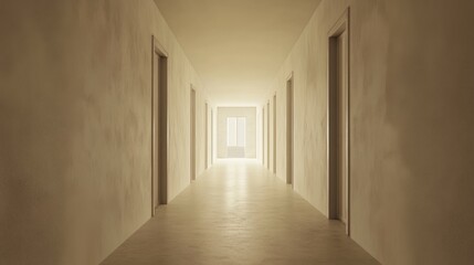 Fototapeta premium Empty corridor, sunlit hallway, minimalist interior, architectural design, potential stock photo