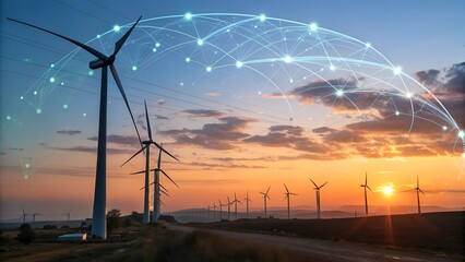 wind turbines at sunset
