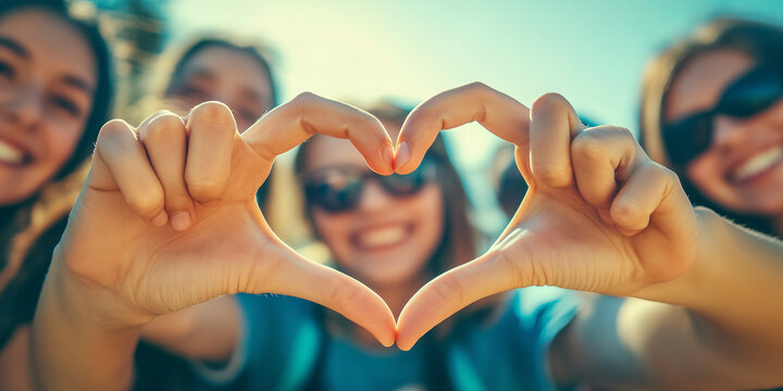Cheerful friends having fun together. Young adult showing a heart gesture. Spending quality time with friends.