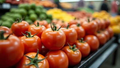 Fresh red tomatoes on display at a grocery store produce section