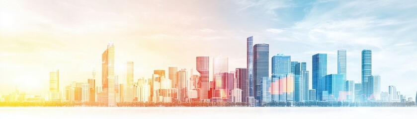 Fototapeta premium Stunning City Skyline at Sunrise with Modern Architecture and Reflections on Water, Orange and Blue Color Palette