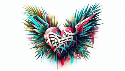 Vibrant graffiti heart entwined with triumphant palm branches artwork