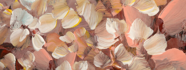 Art oil and acrylic smear blot canvas painting wall. Abstract texture beige color stain brush stroke texture horizontal background.