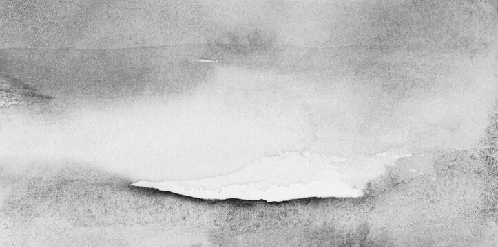 Black and white Ink watercolor hand drawn smoke flow stain blot on wet grain paper texture background.