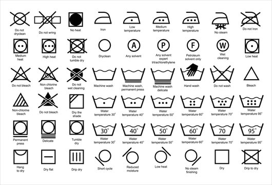 Laundry icons. Garment care instructions on labels, machine wash or hand wash signs. Collection of symbols of water temperature, ironing and drying, types of textiles and fabrics. Vector
