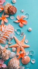 Seashells, starfish, frangipani, and glass beads composing decorative border on turquoise surface, capturing relaxed coastal essence