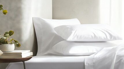   A close-up of a white bed with pillows and a plant in a vase