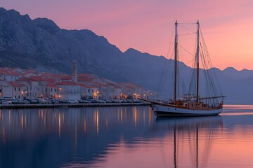 Traditional sailboat at sunset in a coastal town