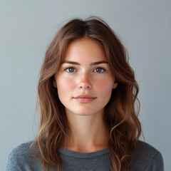 Portrait profile or passport photo of a young woman with long dark brown hair