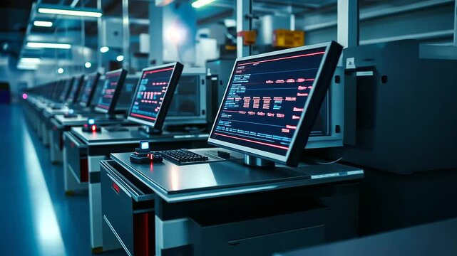 A futuristic automated factory, where intelligent machines analyze, cut, and bend titanium sheets, glowing control panels reflecting the precision of modern engineering.